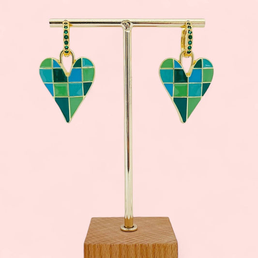 Créoles Cœur Damier Vert