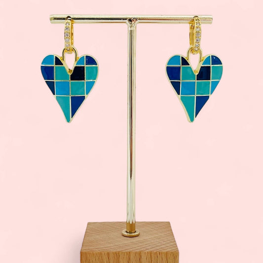 Créoles Cœur Damier Bleu