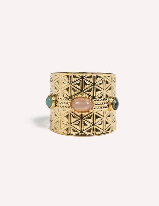 Bague AZURA - Pierre naturelle & acier doré inoxydable gravé